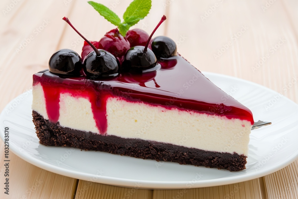Cherry cheesecake slice with chocolate crust on white plate. Cherry cheesecake slice with chocolate crust on white plate.