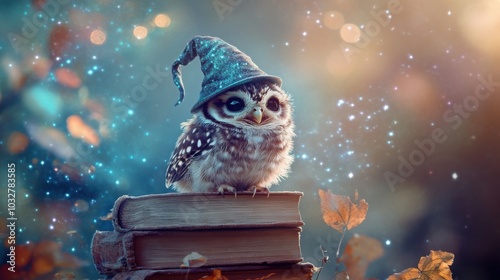  baby owl wearing a tiny wizard hat, sitting on a stack of enchanted books
