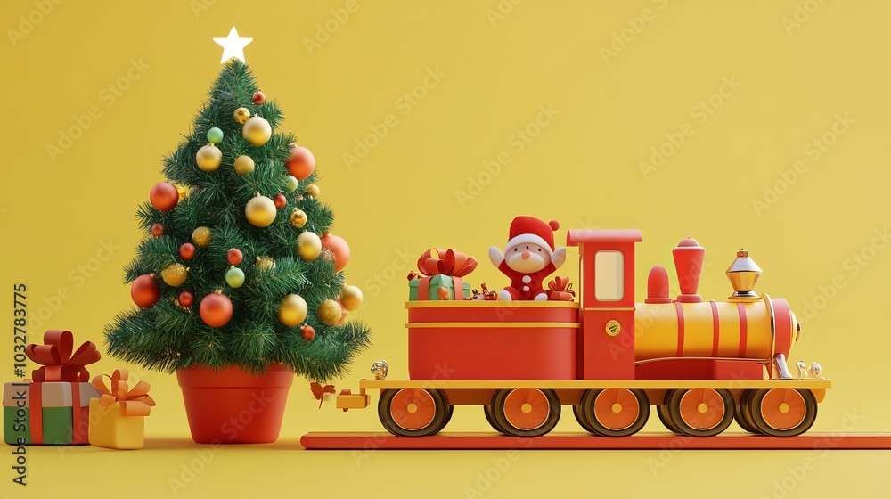 Naklejka premium A 3D image shows a Christmas tree in a pot, next to a toy train. The train is carrying presents and a cute animal. The background is a bright yellow.