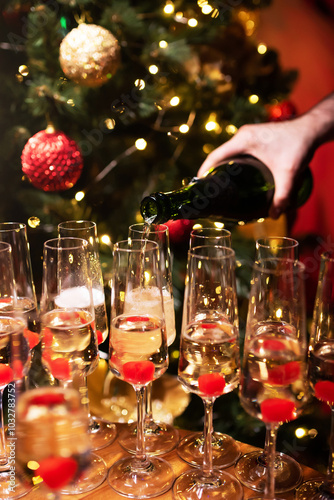 Glasses with champagne stand on the table against the background of a decorated Christmas tree. A man's hand with a bottle of champagne pouring the drink into glasses. Celebrating New Year a