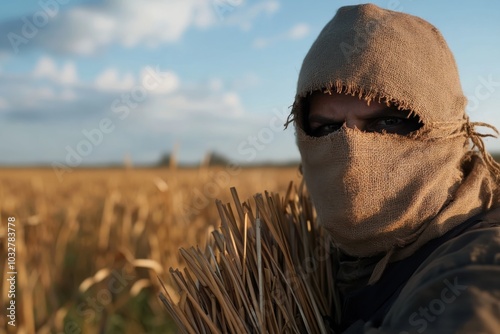 A person in a burlap hood stands in a golden field holding stalks, creating an enigmatic and rustic image filled with mystery and rural charm. photo