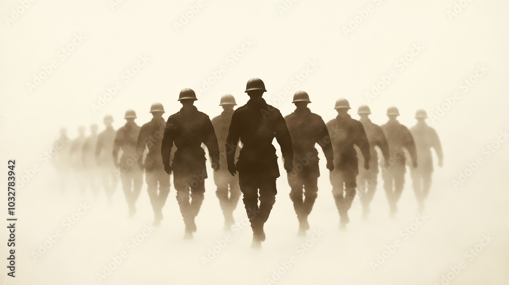 Naklejka premium Vintage sepia-toned image of soldiers marching, worn and slightly faded edges, giving a nostalgic feel for Veterans Day history 