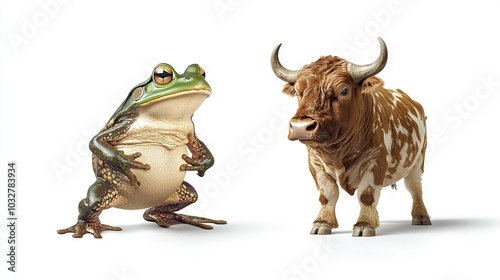   A cow standing beside a frog perched on its hind legs against a white backdrop photo