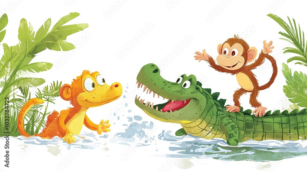 Obraz premium A monkey and a crocodile playing together in the water, on opposite sides