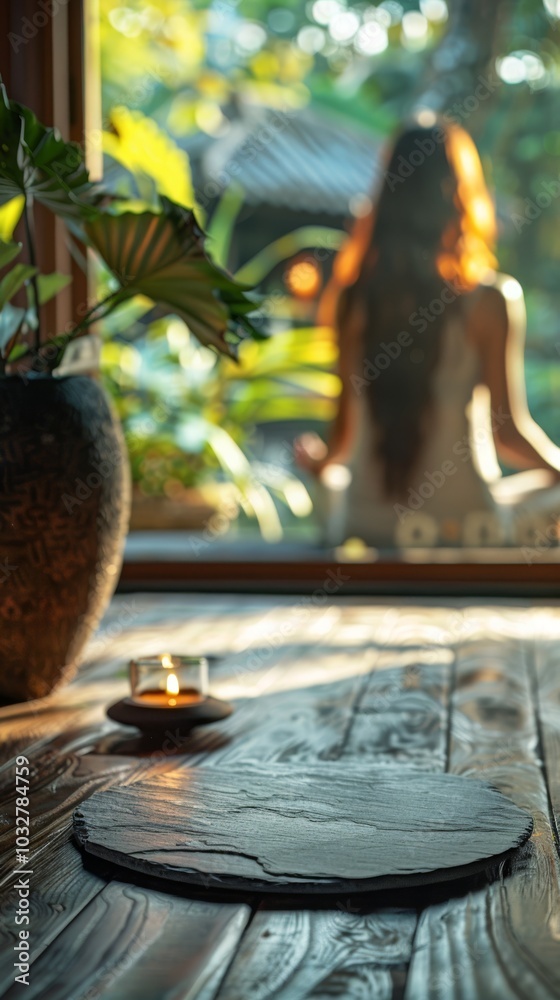 Fototapeta premium A person sits meditatively by a window, surrounded by plants and soft lighting. Concept embodies tranquility and mindfulness. For promoting relaxation and wellness practices