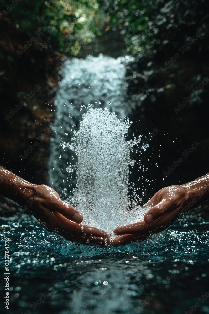 Fototapeta premium hands collect water in a waterfall. Selective focus