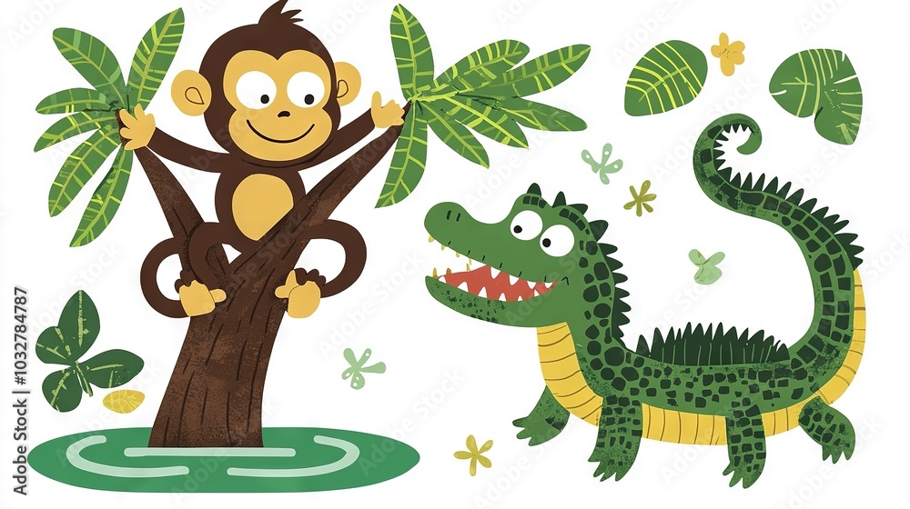 Naklejka premium A monkey stands beside a tall tree with a green foliage branch and an alligator resting nearby on the other side