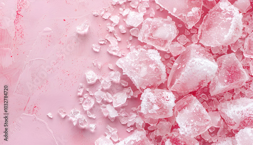 Pieces of crushed ice on pink background, top view. Space for text