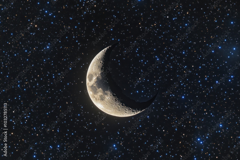 A crescent moon in a starry night sky A crescent moon in a starry night sky