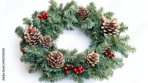 A beautiful Christmas wreath made of green pine branches. It has pine cones and red berries as decorations. It's on a white background.