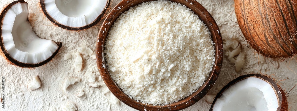 coconuts and coconut flour. Selective focus coconuts and coconut flour. Selective focus