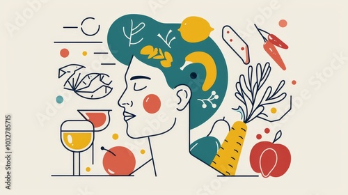 A profile of a person with food stylized as hair symbolizes a connection to fresh produce. Concept is healthy living and nutrition. For illustrating wellness themes.