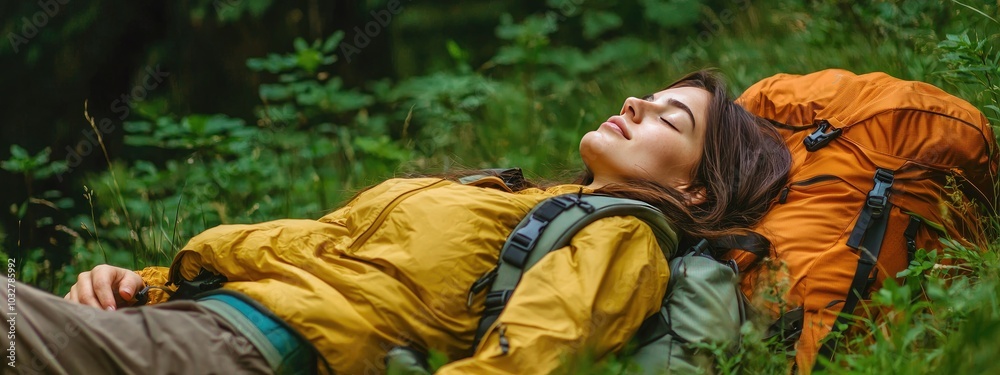 female tourist lies on the grass. Selective focus female tourist lies on the grass. Selective focus