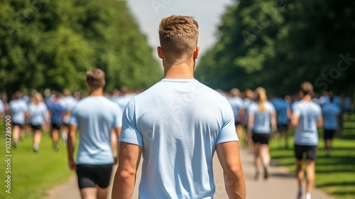 A charity fundraiser walkathon, with participants wearing matching t-shirts and holding signs, walking through a scenic park while crowds cheer them on, raising funds and awareness for a cause  photo