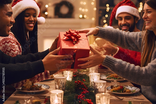 Happy, smiling diverse group of friends exchanging christmas gifts, presents, cheerful young people celebrating christmas, new year eve, having fun on a festive home party at the dinner table. 