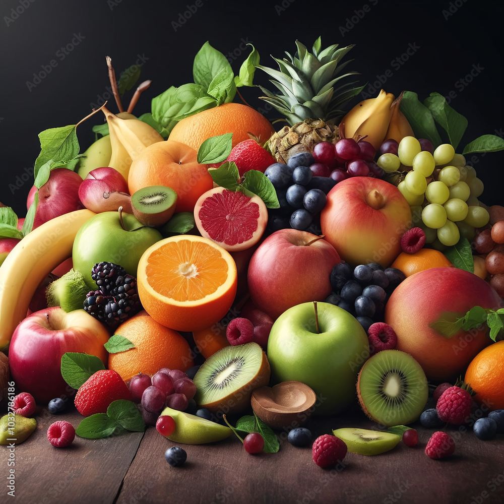 Heap of various ripe and healthy fruits and vegetables Heap of various ripe and healthy fruits and vegetables