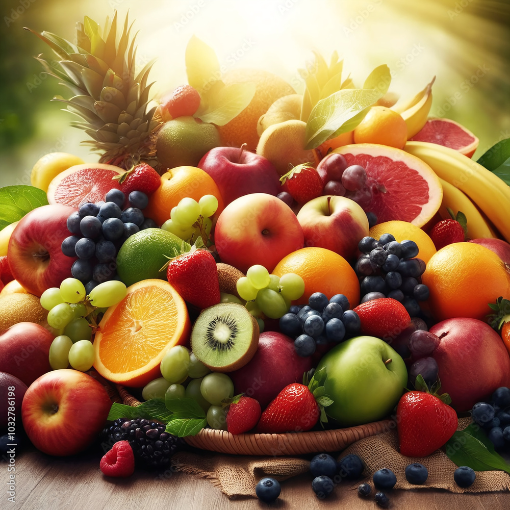 Heap of various ripe and healthy fruits and vegetables