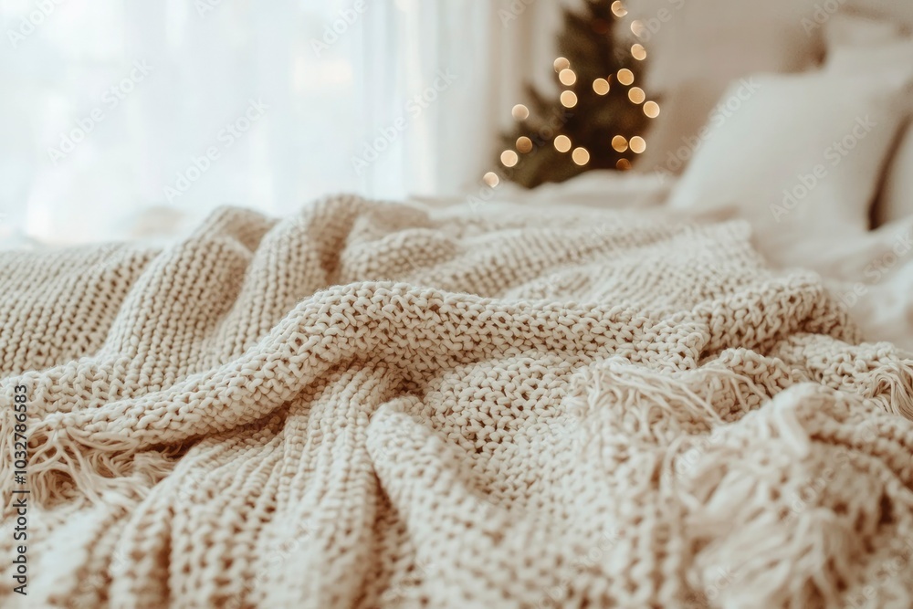 Close-up of a Knitted Blanket with Blurred Christmas Lights in the Background Close-up of a Knitted Blanket with Blurred Christmas Lights in the Background