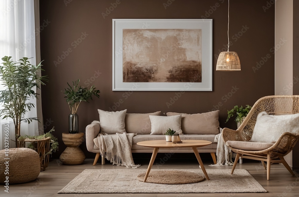 Obraz premium Scandinavian, Boho interior design of modern living room with accent armchair and big frame on brown wall. Lively decor highlights a simple, country style with modern elements.