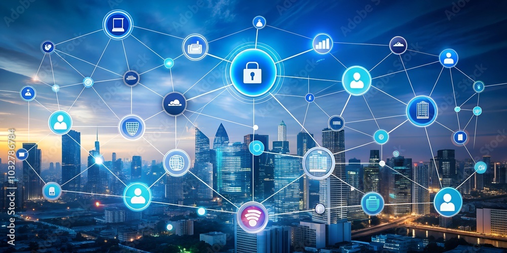 Digital city with futuristic data nodes and technology interface, showcasing smart city innovations, digital transformation, and the integration of AI in modern urban environments. Digital city with futuristic data nodes and technology interface, showcasing smart city innovations, digital transformation, and the integration of AI in modern urban environments.