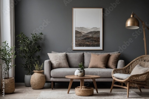 Scandinavian, Boho interior design of modern living room with accent armchair and big frame on grey wall. Lively decor highlights a simple, country style with modern elements.