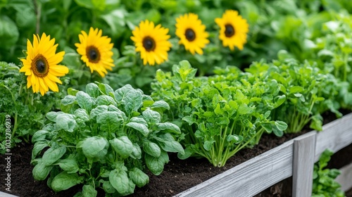 Small kitchen garden in raised beds with a variety of herbs and vegetables like parsley, spinach, and cherry tomatoes, surrounded by a charming picket fence and sunflowers  photo