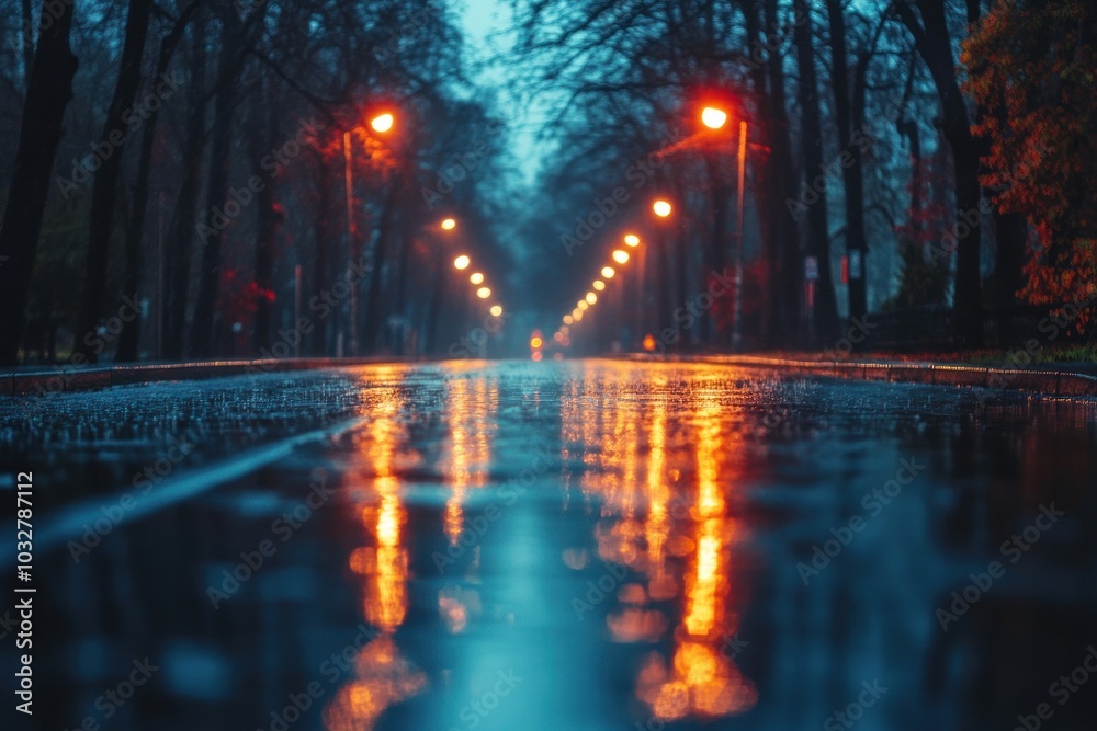 Obraz premium Wet Pavement Reflecting Street Lights In A Rainy Night