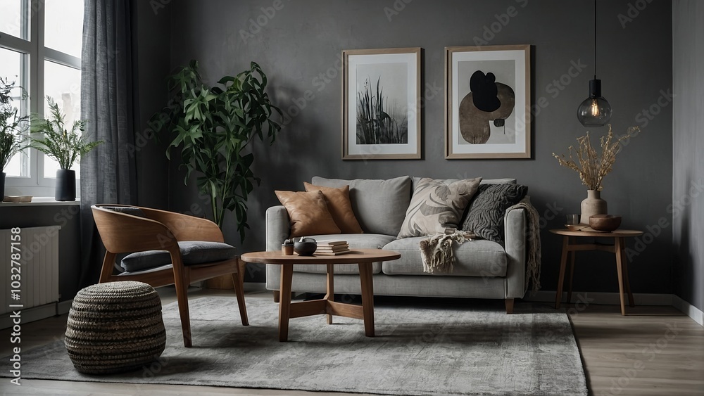 Scandinavian, Boho interior design of modern living room with accent armchair and big frame on grey wall. Lively decor highlights a simple, country style with modern elements. Scandinavian, Boho interior design of modern living room with accent armchair and big frame on grey wall. Lively decor highlights a simple, country style with modern elements.
