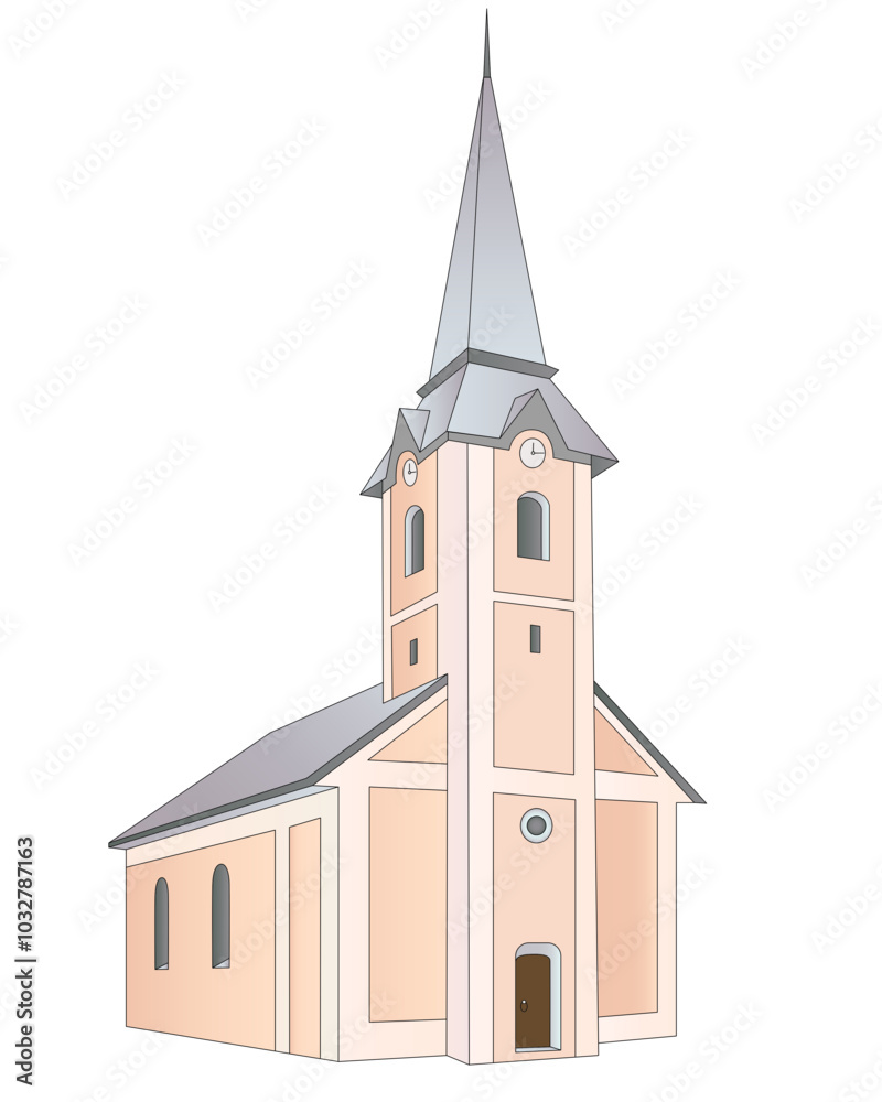 The building of the catholic church or city hall - vector full color picture with a vintage building with a tower. Temple or other building The building of the catholic church or city hall - vector full color picture with a vintage building with a tower. Temple or other building