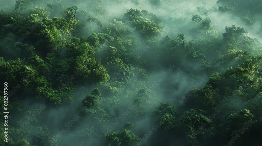 The scene showcases dense, vibrant green trees enveloped by a mystical fog, generating a serene and peaceful ambiance. The forest is filled with diverse shades of green The scene showcases dense, vibrant green trees enveloped by a mystical fog, generating a serene and peaceful ambiance. The forest is filled with diverse shades of green