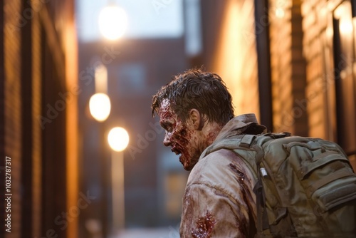 A gritty scene featuring a zombie survivor, bloodstained and weary, walking through a dimly lit urban alley, conveying a post-apocalyptic atmosphere. photo