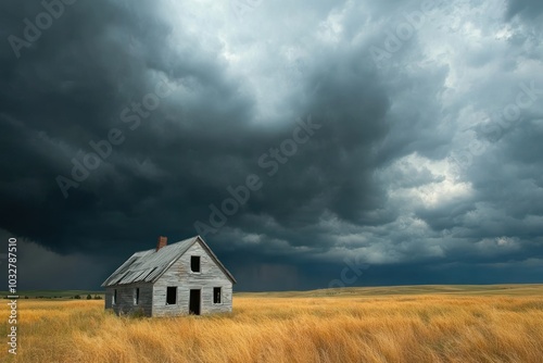 Abandoned House in a Field with a Dramatic Stormy Sky photo