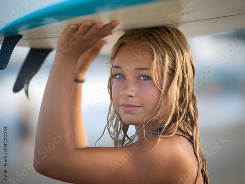 Una joven y atractiva surfista rubia con ojos azules sosteniendo su tabla de surf sobre su cabeza
 photo