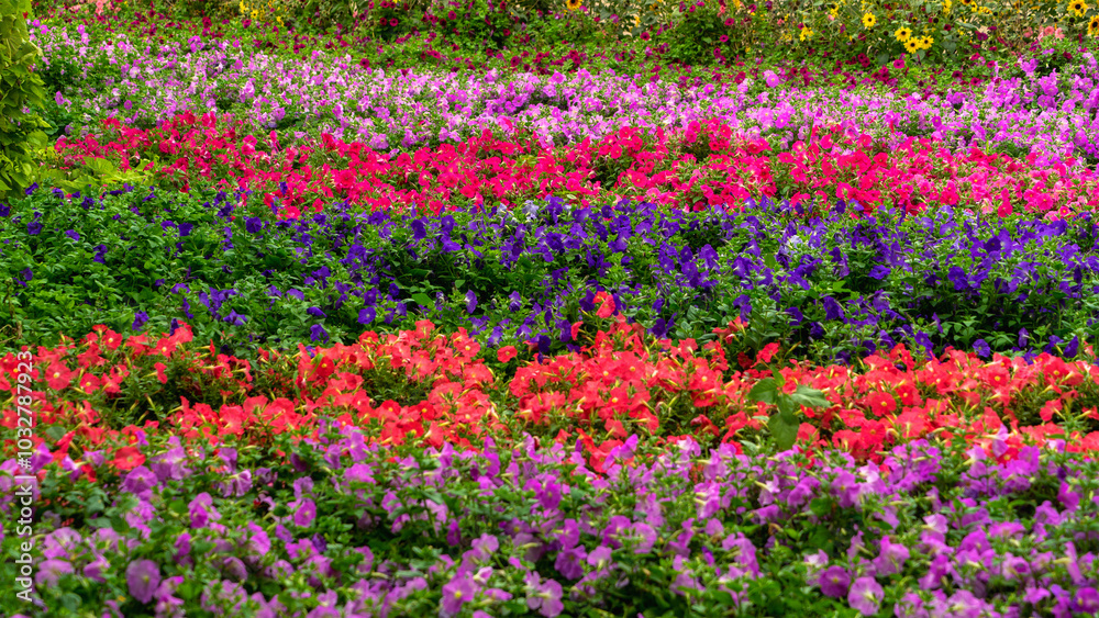 Flower beds with petunia flowers in miracle garden in Dubai, United Arab Emirates