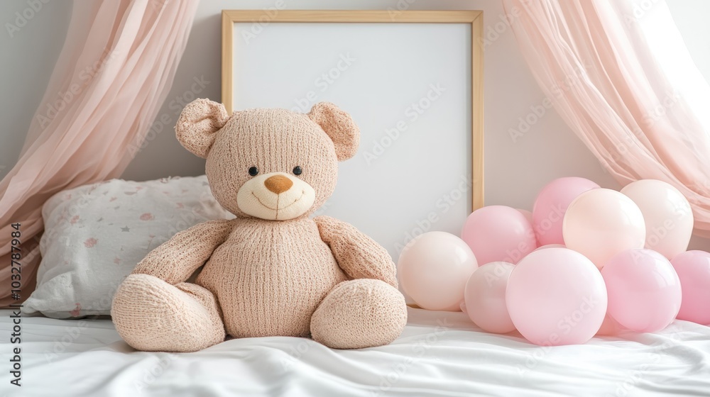 Fototapeta premium A teddy bear sits on a bed with a pillow and pink balloons.