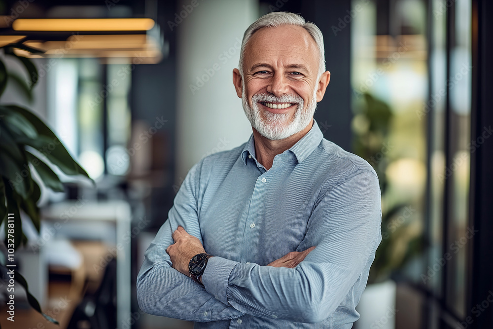 Confident Businessman Smiling in Office Setting Confident Businessman Smiling in Office Setting