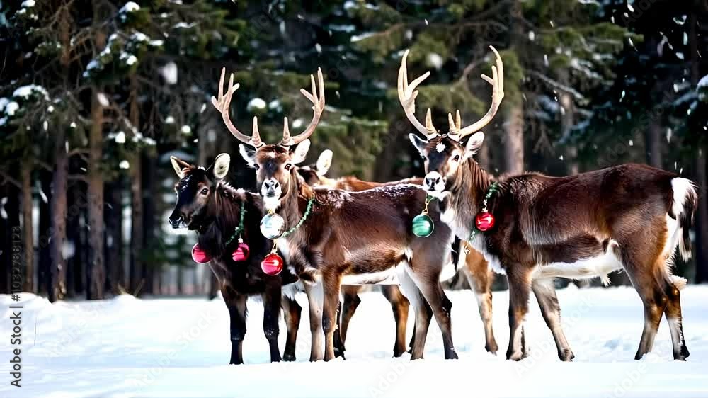 Reindeer Decorated with Christmas Ornaments in Snowy Winter Forest Reindeer Decorated with Christmas Ornaments in Snowy Winter Forest