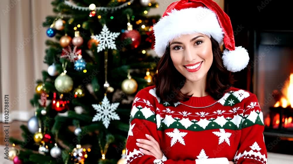 Smiling Woman in Santa Hat by Christmas Tree with Festive Decorations Smiling Woman in Santa Hat by Christmas Tree with Festive Decorations