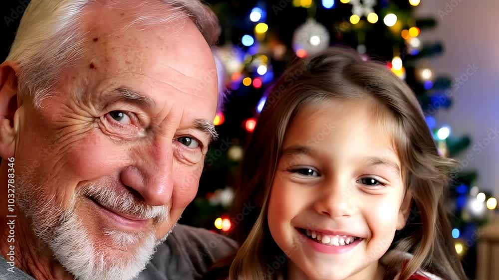 Smiling Grandfather and Granddaughter Celebrating Christmas Together 