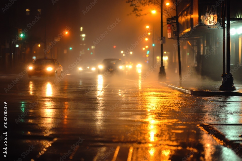 Streetlights Reflecting in Wet Pavement on a Foggy Night Streetlights Reflecting in Wet Pavement on a Foggy Night