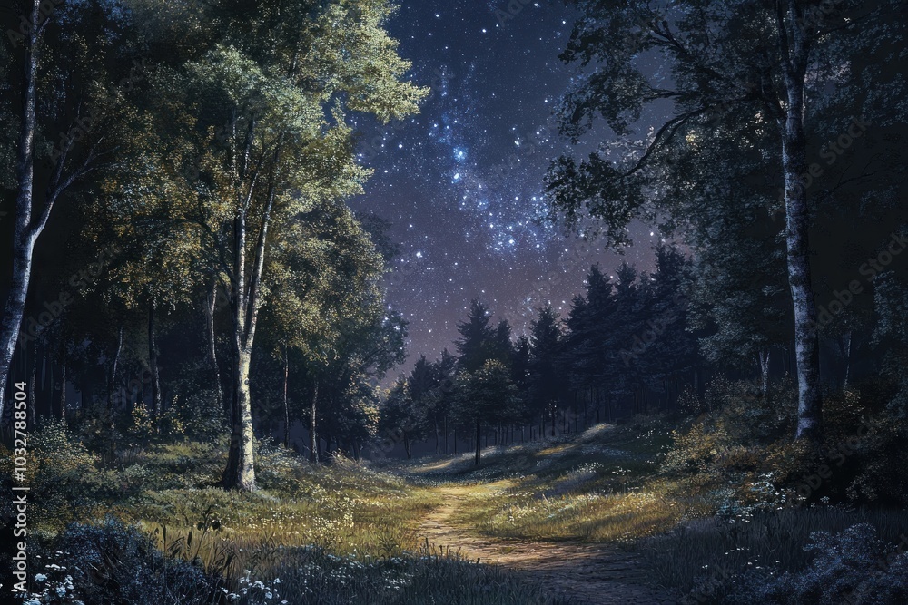 A winding path through a forest illuminated by moonlight and stars. A winding path through a forest illuminated by moonlight and stars.