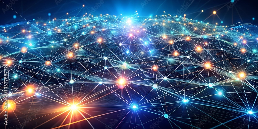 Global Network Visualization with Connected Nodes and Intersecting Lines in Technology Concept Global Network Visualization with Connected Nodes and Intersecting Lines in Technology Concept
