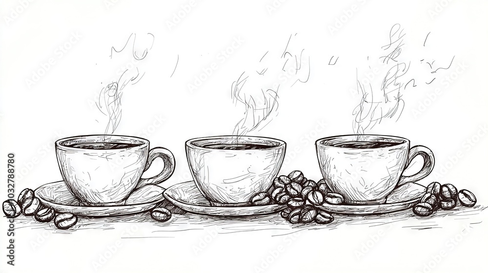   Three cups of coffee on a saucer, a cup of coffee on a saucer with coffee beans
