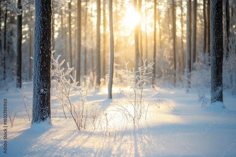 Sunlit Snow-Covered Forest With Frost-Covered Branches Sunlit Snow-Covered Forest With Frost-Covered Branches