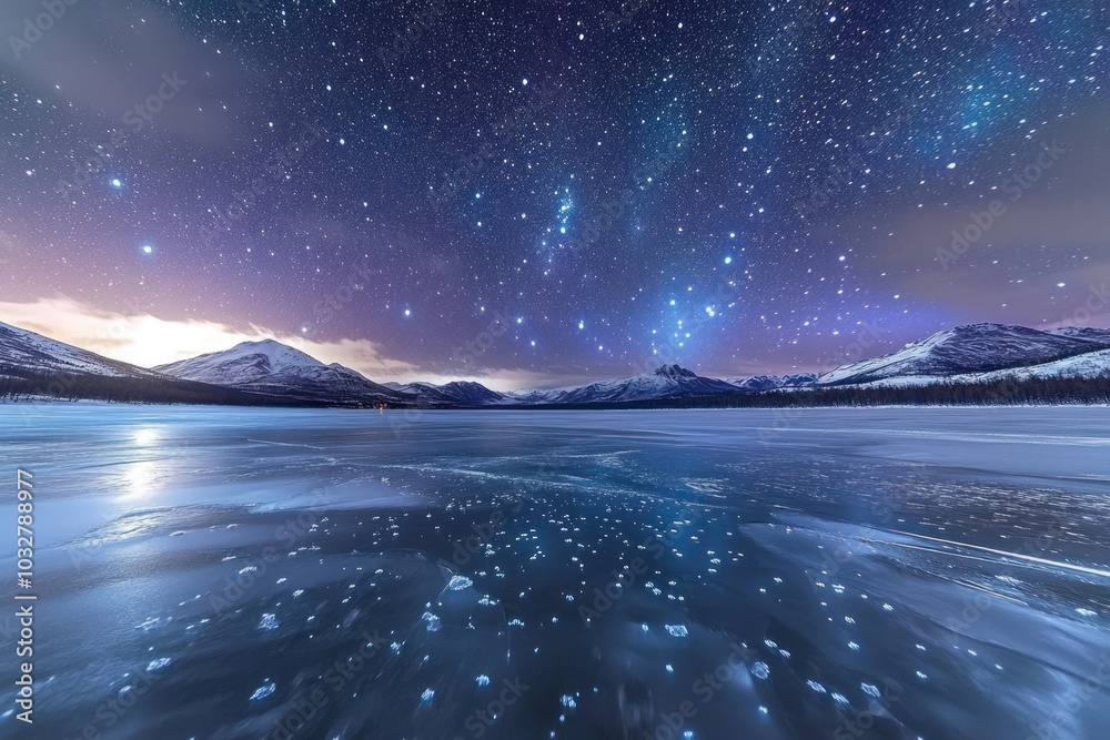 Fototapeta premium Starry Night Sky Over Frozen Lake and Snowy Mountains