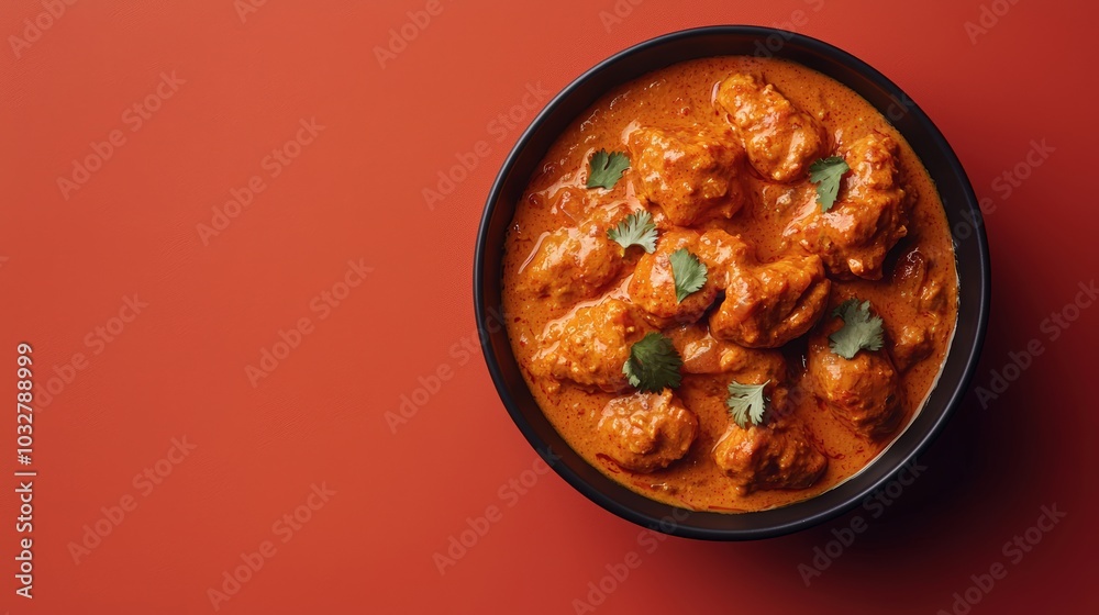 Delicious serving of chicken tikka masala garnished with fresh herbs on a warm-colored background Delicious serving of chicken tikka masala garnished with fresh herbs on a warm-colored background