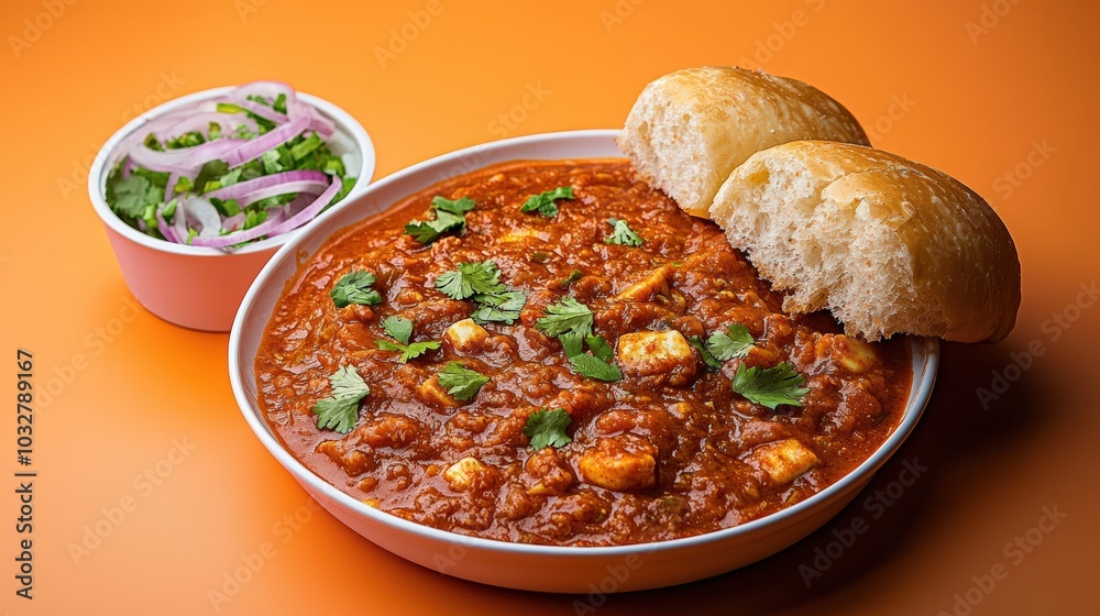 A delicious serving of Pav Bhaji with soft buns and fresh onion salad on a vibrant orange table setting A delicious serving of Pav Bhaji with soft buns and fresh onion salad on a vibrant orange table setting