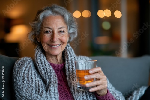 A joyous elderly woman, wrapped in a thick cardigan, holds a drink in a cozy room with a warm ambiance of soft lighting, expressing peace.