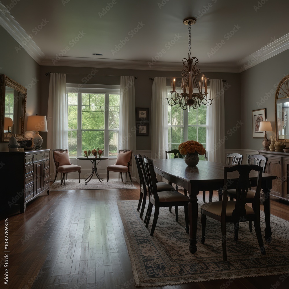 A spacious dining room with a large wooden table, chairs, and a chandelier. There are two windows on each side of the room, and a rug on the floor.
