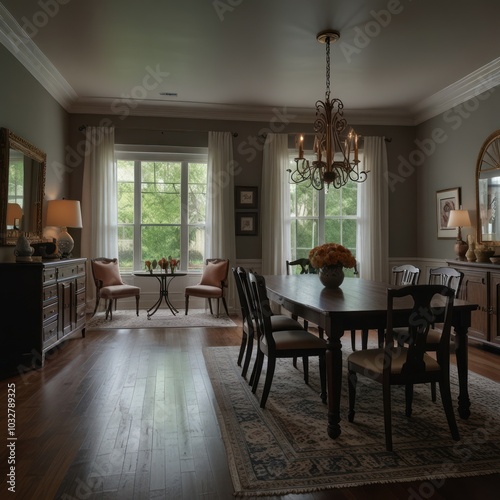 A spacious dining room with a large wooden table, chairs, and a chandelier. There are two windows on each side of the room, and a rug on the floor.